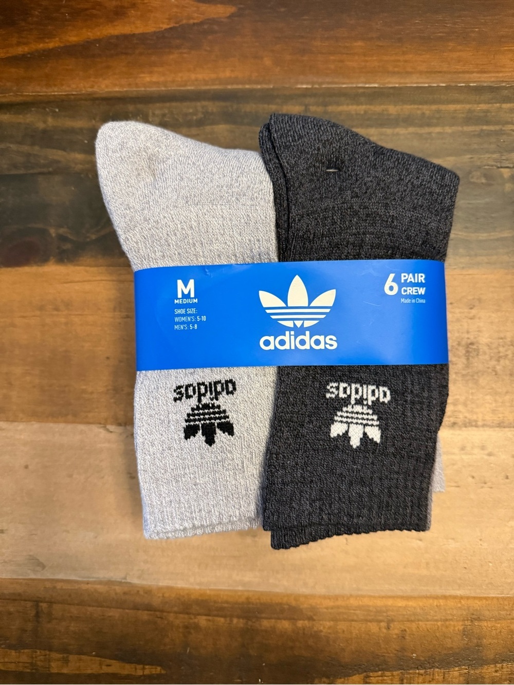 adidas 6 Pair M Gray Black Men's Crew Socks Trefoil Logo EV8011B, Size M